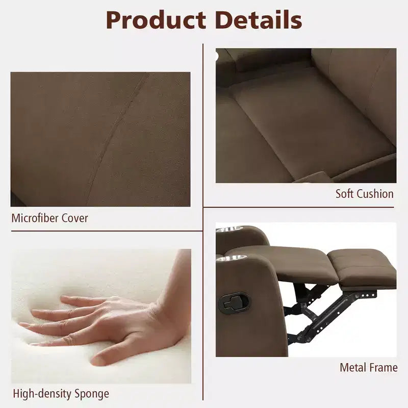 Poltrona reclinabile monoposto con contenitore e portabicchieri, color caffè / grigio / marrone