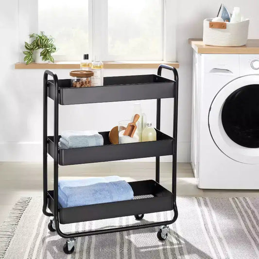 Carrello multiuso in metallo con ruote, ripiani fissi e spazio universale, nero
