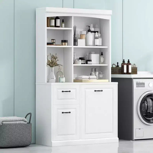 Mobiletto da bagno salvaspazio con cesto portabiancheria a scomparsa, organizer alto 180 cm con cassetti e ripiani regolabili