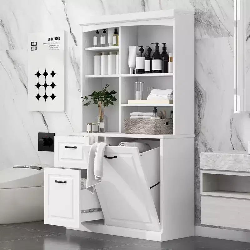 Mobiletto da bagno salvaspazio con cesto portabiancheria a scomparsa, organizer alto 180 cm con cassetti e ripiani regolabili
