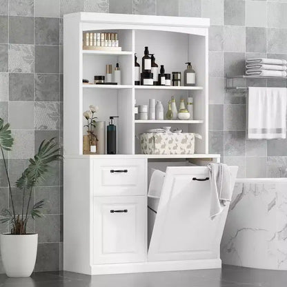 Mobiletto da bagno salvaspazio con cesto portabiancheria a scomparsa, organizer alto 180 cm con cassetti e ripiani regolabili