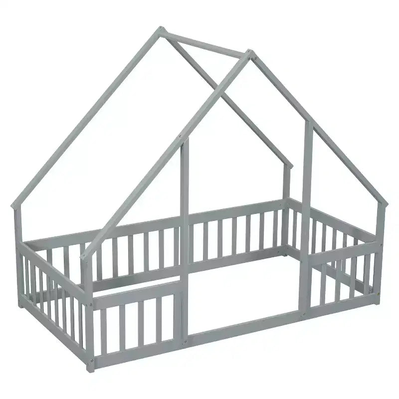 Letto a Casina da Terra in Legno con Tetto e Sponde di Protezione, Letto per Bambini Stile Montessori, Misura Singola/Piazza e Mezza, Grigio/Bianco