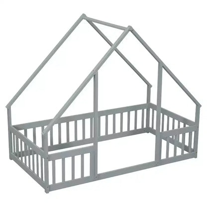 Letto a Casina da Terra in Legno con Tetto e Sponde di Protezione, Letto per Bambini Stile Montessori, Misura Singola/Piazza e Mezza, Grigio/Bianco