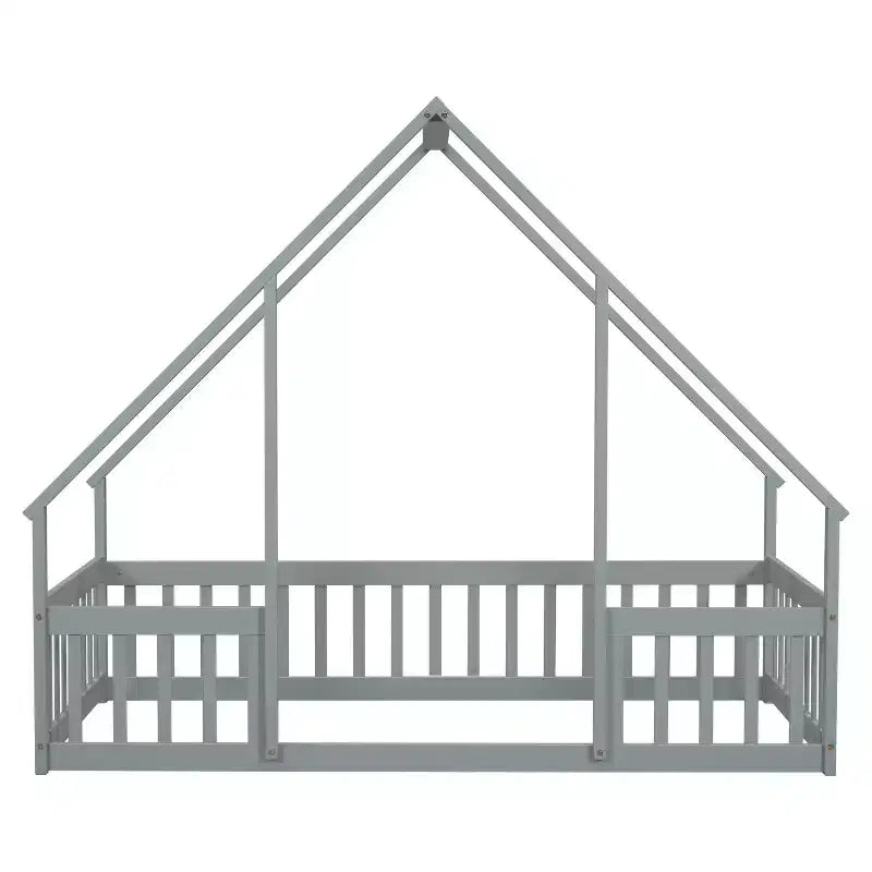 Letto a Casina da Terra in Legno con Tetto e Sponde di Protezione, Letto per Bambini Stile Montessori, Misura Singola/Piazza e Mezza, Grigio/Bianco