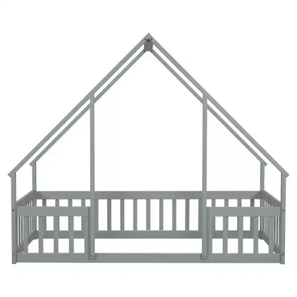 Letto a Casina da Terra in Legno con Tetto e Sponde di Protezione, Letto per Bambini Stile Montessori, Misura Singola/Piazza e Mezza, Grigio/Bianco
