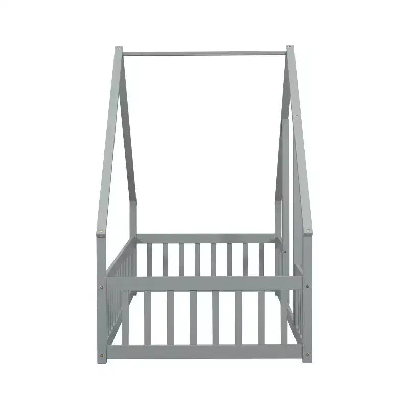 Letto a Casina da Terra in Legno con Tetto e Sponde di Protezione, Letto per Bambini Stile Montessori, Misura Singola/Piazza e Mezza, Grigio/Bianco