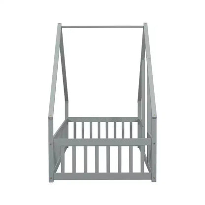Letto a Casina da Terra in Legno con Tetto e Sponde di Protezione, Letto per Bambini Stile Montessori, Misura Singola/Piazza e Mezza, Grigio/Bianco