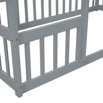 Letto a Casina da Terra in Legno con Tetto e Sponde di Protezione, Letto per Bambini Stile Montessori, Misura Singola/Piazza e Mezza, Grigio/Bianco