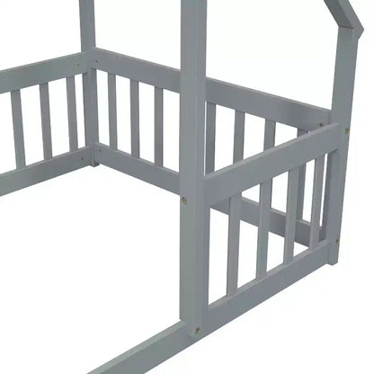 Letto a Casina da Terra in Legno con Tetto e Sponde di Protezione, Letto per Bambini Stile Montessori, Misura Singola/Piazza e Mezza, Grigio/Bianco