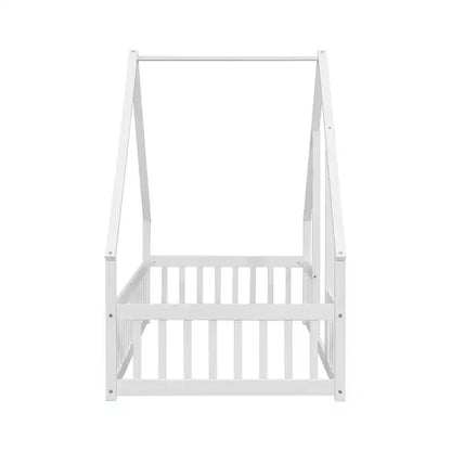 Letto a Casina da Terra in Legno con Tetto e Sponde di Protezione, Letto per Bambini Stile Montessori, Misura Singola/Piazza e Mezza, Grigio/Bianco