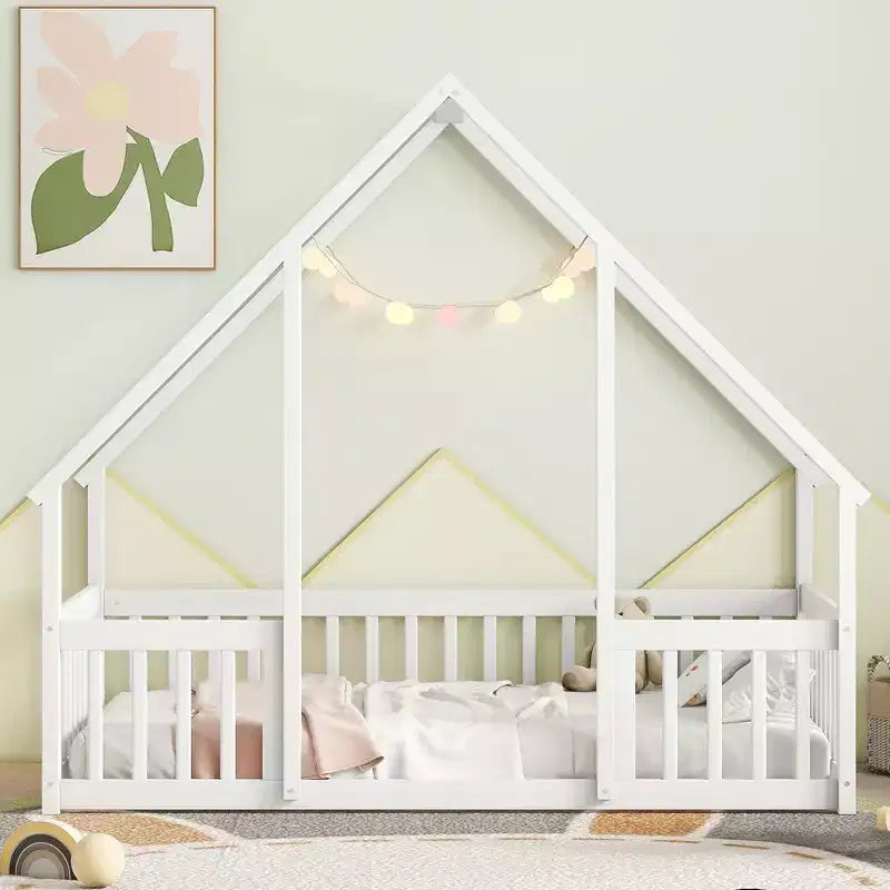 Letto a Casina da Terra in Legno con Tetto e Sponde di Protezione, Letto per Bambini Stile Montessori, Misura Singola/Piazza e Mezza, Grigio/Bianco