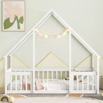 Letto a Casina da Terra in Legno con Tetto e Sponde di Protezione, Letto per Bambini Stile Montessori, Misura Singola/Piazza e Mezza, Grigio/Bianco