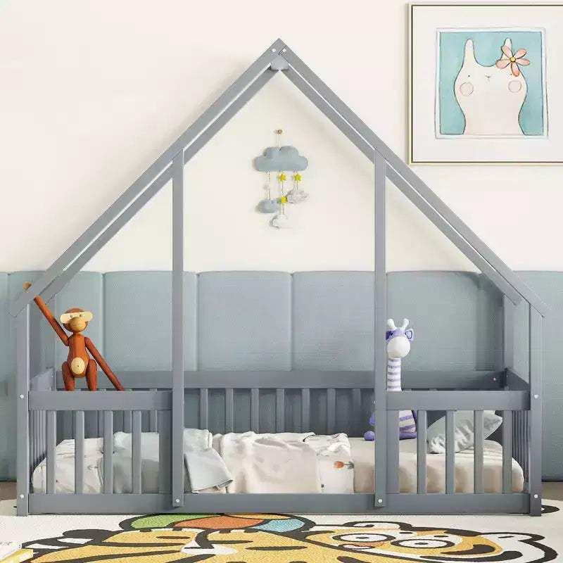 Letto a Casina da Terra in Legno con Tetto e Sponde di Protezione, Letto per Bambini Stile Montessori, Misura Singola/Piazza e Mezza, Grigio/Bianco