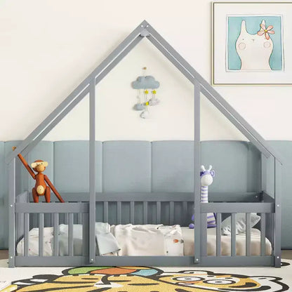 Letto a Casina da Terra in Legno con Tetto e Sponde di Protezione, Letto per Bambini Stile Montessori, Misura Singola/Piazza e Mezza, Grigio/Bianco