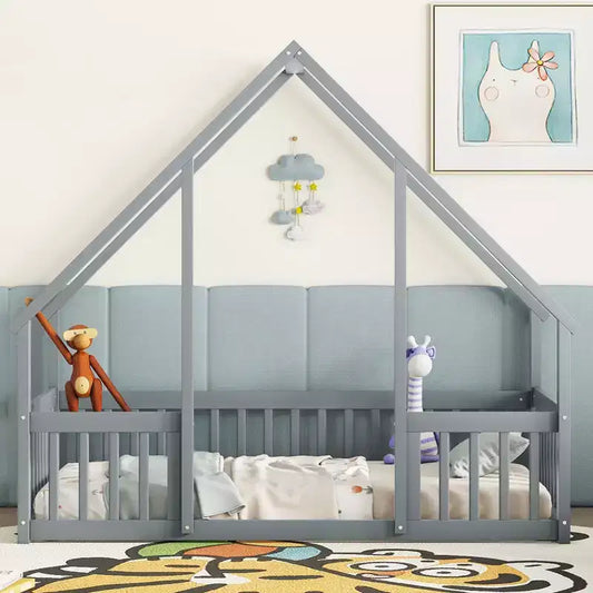 Letto a Casina da Terra in Legno con Tetto e Sponde di Protezione, Letto per Bambini Stile Montessori, Misura Singola/Piazza e Mezza, Grigio/Bianco