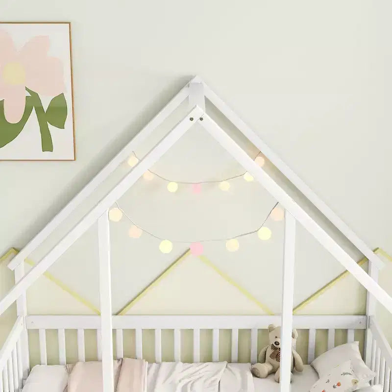 Letto a Casina da Terra in Legno con Tetto e Sponde di Protezione, Letto per Bambini Stile Montessori, Misura Singola/Piazza e Mezza, Grigio/Bianco