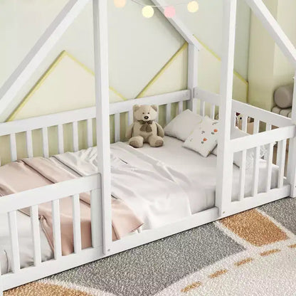Letto a Casina da Terra in Legno con Tetto e Sponde di Protezione, Letto per Bambini Stile Montessori, Misura Singola/Piazza e Mezza, Grigio/Bianco