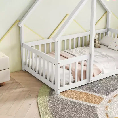 Letto a Casina da Terra in Legno con Tetto e Sponde di Protezione, Letto per Bambini Stile Montessori, Misura Singola/Piazza e Mezza, Grigio/Bianco