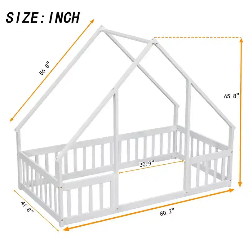 Letto a Casina da Terra in Legno con Tetto e Sponde di Protezione, Letto per Bambini Stile Montessori, Misura Singola/Piazza e Mezza, Grigio/Bianco