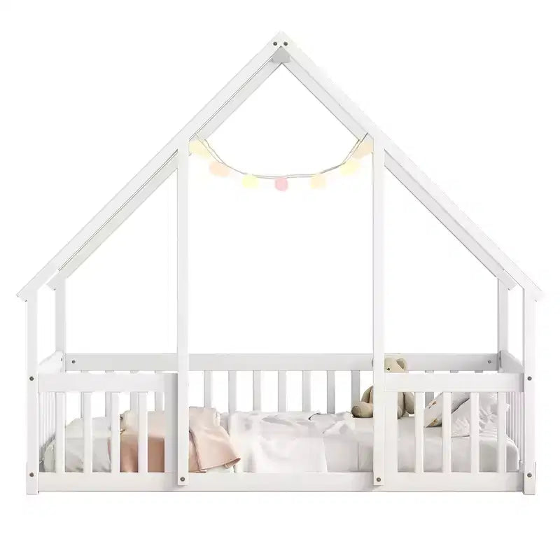Letto a Casina da Terra in Legno con Tetto e Sponde di Protezione, Letto per Bambini Stile Montessori, Misura Singola/Piazza e Mezza, Grigio/Bianco