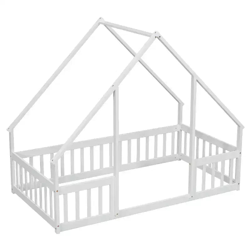 Letto a Casina da Terra in Legno con Tetto e Sponde di Protezione, Letto per Bambini Stile Montessori, Misura Singola/Piazza e Mezza, Grigio/Bianco