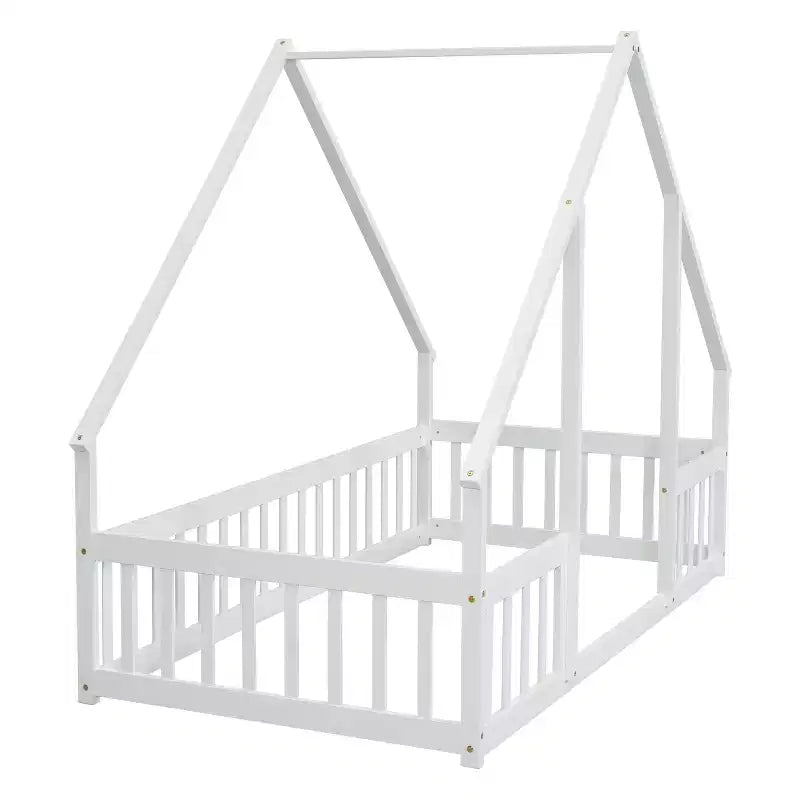 Letto a Casina da Terra in Legno con Tetto e Sponde di Protezione, Letto per Bambini Stile Montessori, Misura Singola/Piazza e Mezza, Grigio/Bianco