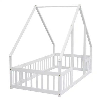 Letto a Casina da Terra in Legno con Tetto e Sponde di Protezione, Letto per Bambini Stile Montessori, Misura Singola/Piazza e Mezza, Grigio/Bianco