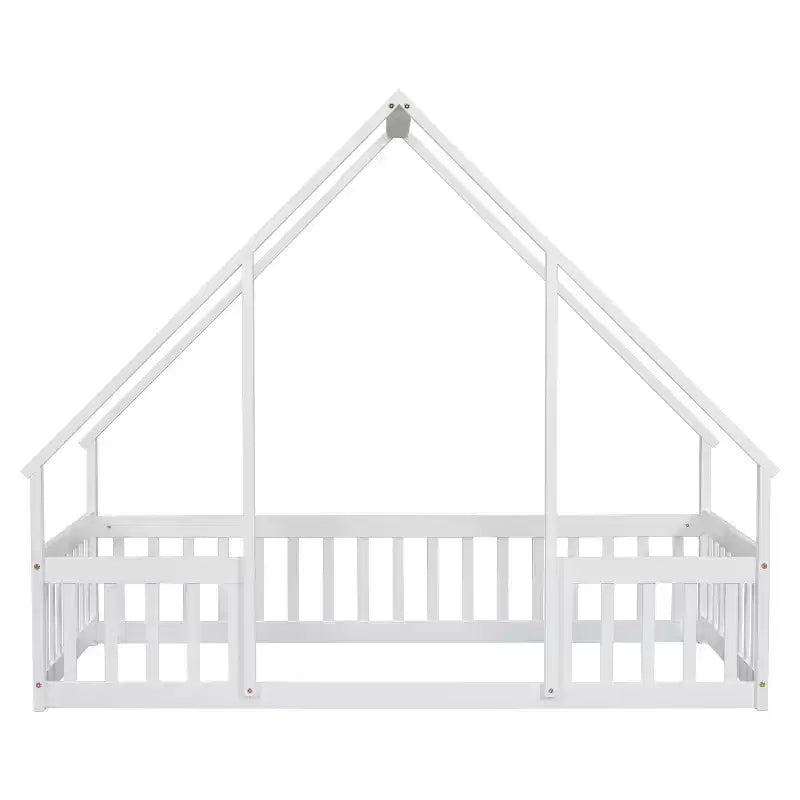 Letto a Casina da Terra in Legno con Tetto e Sponde di Protezione, Letto per Bambini Stile Montessori, Misura Singola/Piazza e Mezza, Grigio/Bianco