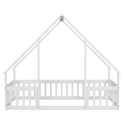 Letto a Casina da Terra in Legno con Tetto e Sponde di Protezione, Letto per Bambini Stile Montessori, Misura Singola/Piazza e Mezza, Grigio/Bianco