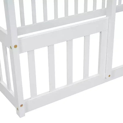 Letto a Casina da Terra in Legno con Tetto e Sponde di Protezione, Letto per Bambini Stile Montessori, Misura Singola/Piazza e Mezza, Grigio/Bianco