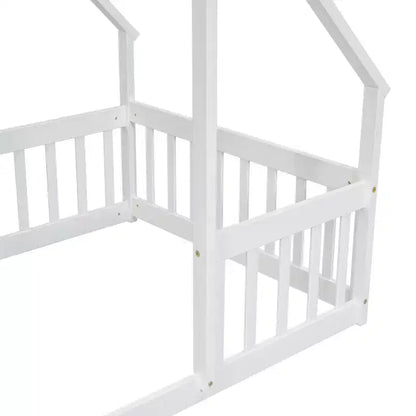 Letto a Casina da Terra in Legno con Tetto e Sponde di Protezione, Letto per Bambini Stile Montessori, Misura Singola/Piazza e Mezza, Grigio/Bianco