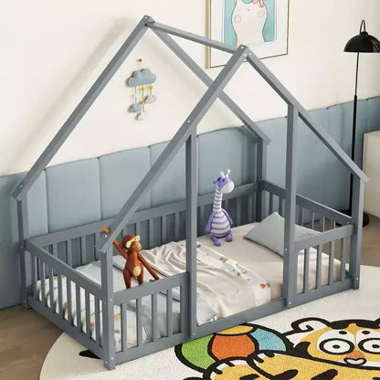 Letto a Casina da Terra in Legno con Tetto e Sponde di Protezione, Letto per Bambini Stile Montessori, Misura Singola/Piazza e Mezza, Grigio/Bianco