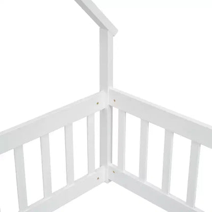Letto a Casina da Terra in Legno con Tetto e Sponde di Protezione, Letto per Bambini Stile Montessori, Misura Singola/Piazza e Mezza, Grigio/Bianco