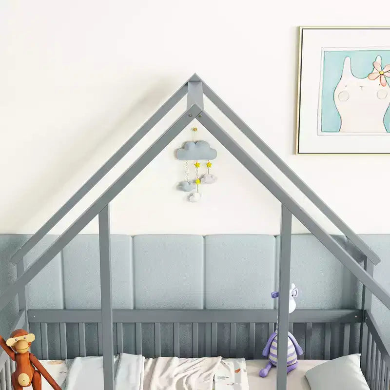 Letto a Casina da Terra in Legno con Tetto e Sponde di Protezione, Letto per Bambini Stile Montessori, Misura Singola/Piazza e Mezza, Grigio/Bianco
