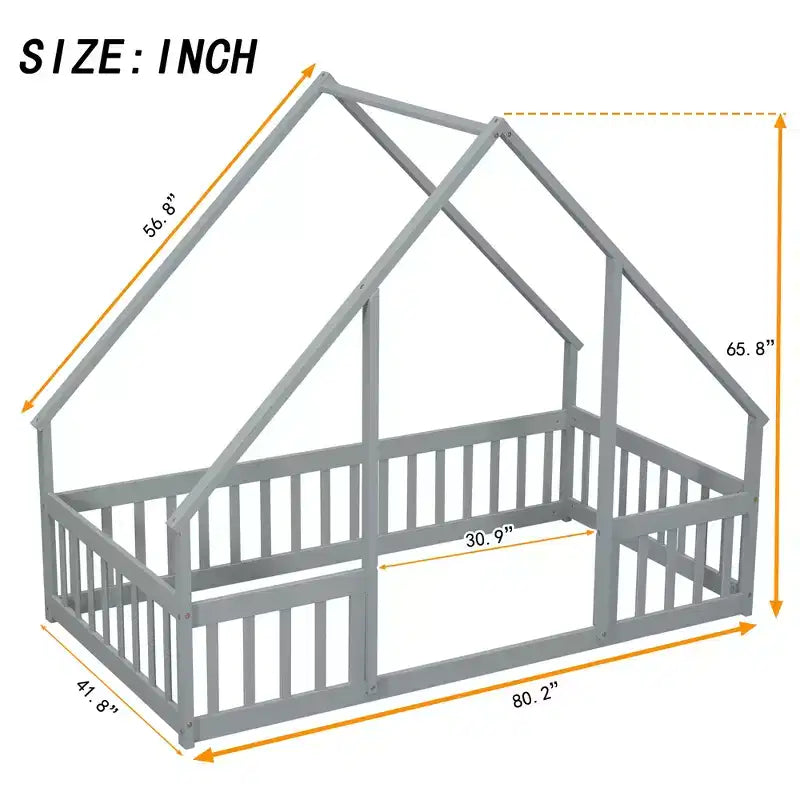Letto a Casina da Terra in Legno con Tetto e Sponde di Protezione, Letto per Bambini Stile Montessori, Misura Singola/Piazza e Mezza, Grigio/Bianco