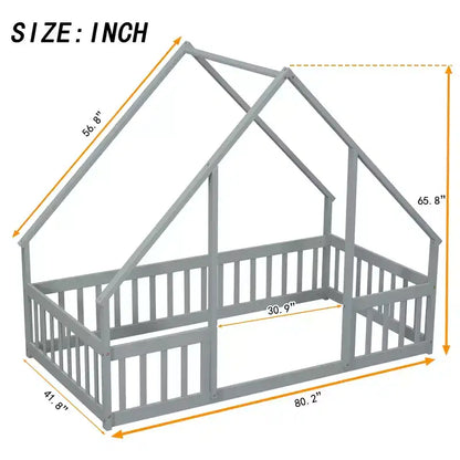 Letto a Casina da Terra in Legno con Tetto e Sponde di Protezione, Letto per Bambini Stile Montessori, Misura Singola/Piazza e Mezza, Grigio/Bianco