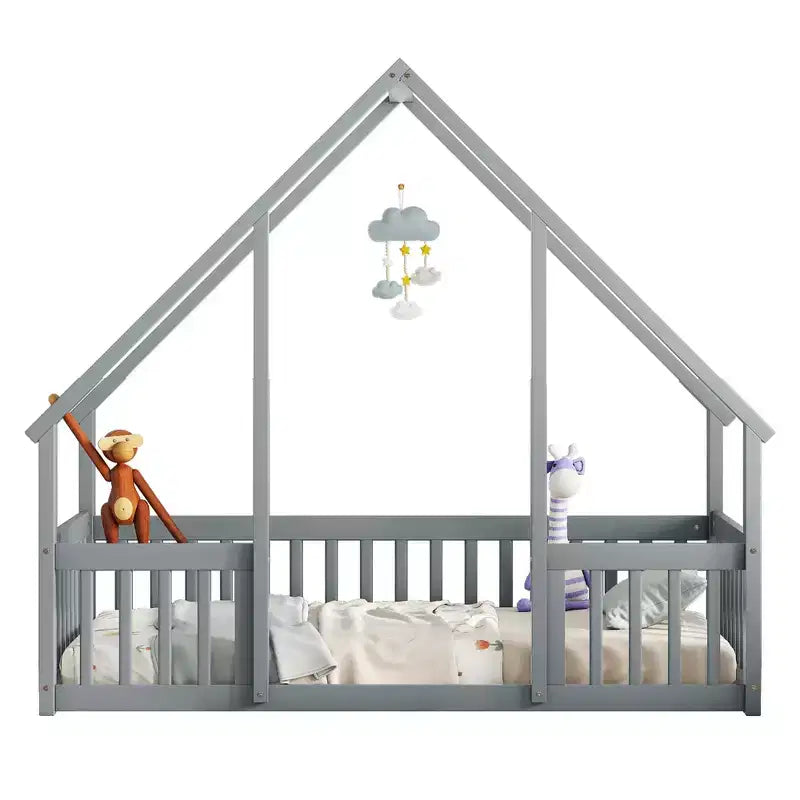 Letto a Casina da Terra in Legno con Tetto e Sponde di Protezione, Letto per Bambini Stile Montessori, Misura Singola/Piazza e Mezza, Grigio/Bianco