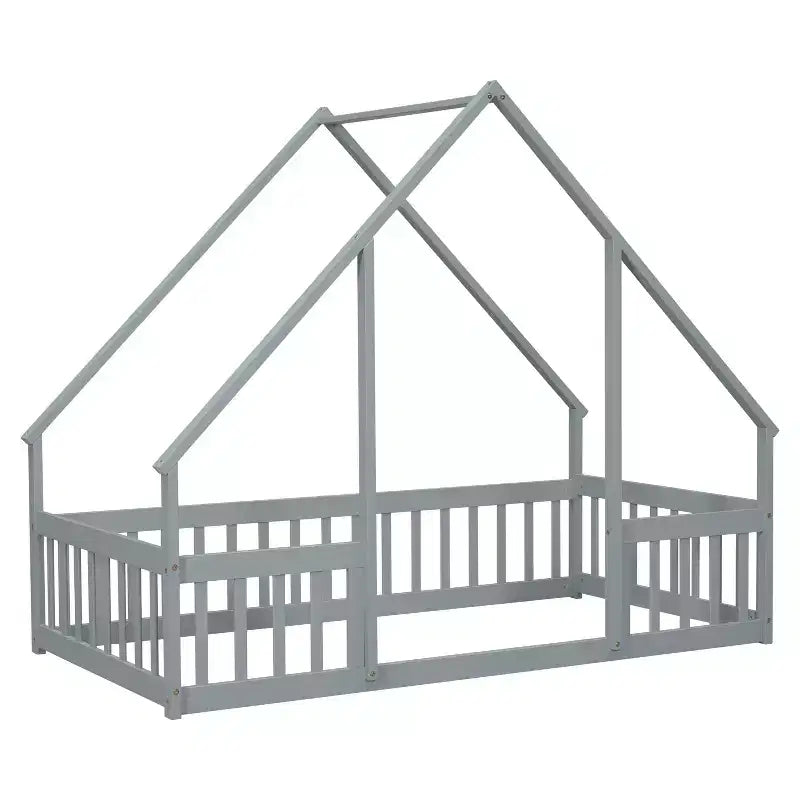 Letto a Casina da Terra in Legno con Tetto e Sponde di Protezione, Letto per Bambini Stile Montessori, Misura Singola/Piazza e Mezza, Grigio/Bianco