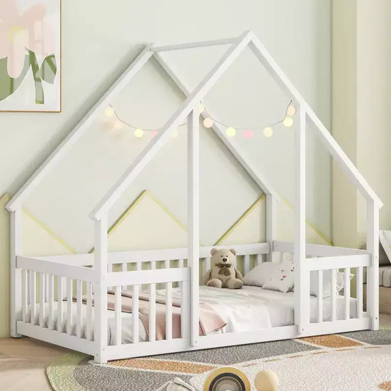 Letto a Casina da Terra in Legno con Tetto e Sponde di Protezione, Letto per Bambini Stile Montessori, Misura Singola/Piazza e Mezza, Grigio/Bianco