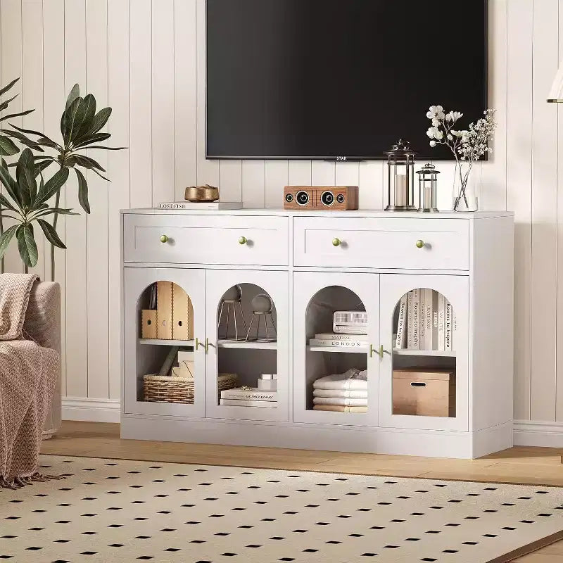 Mobile credenza da 55 pollici, credenza moderna in legno con cassetti e 4 ante in acrilico trasparente, mobile TV/mobiletto contenitore da cucina per sala da pranzo, soggiorno