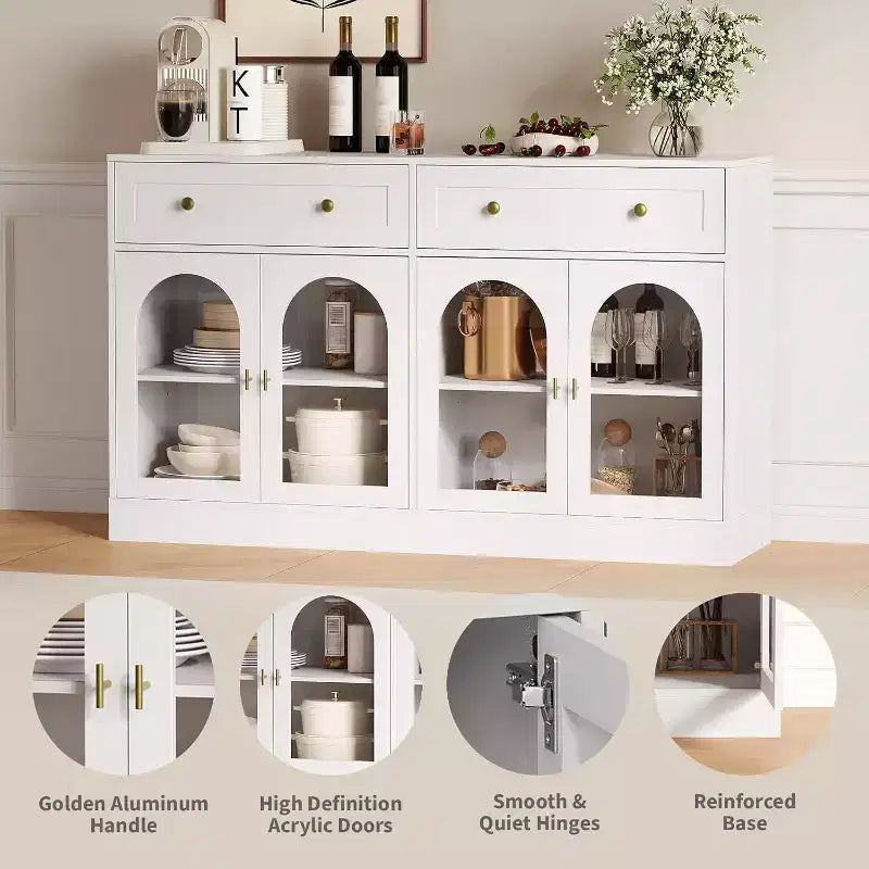 Mobile credenza da 55 pollici, credenza moderna in legno con cassetti e 4 ante in acrilico trasparente, mobile TV/mobiletto contenitore da cucina per sala da pranzo, soggiorno