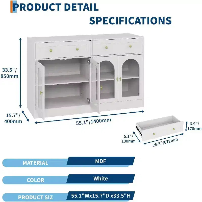 Mobile credenza da 55 pollici, credenza moderna in legno con cassetti e 4 ante in acrilico trasparente, mobile TV/mobiletto contenitore da cucina per sala da pranzo, soggiorno