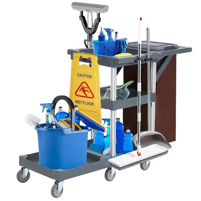 Carrello commerciale per pulizie e faccende domestiche a 3 ripiani con copertura e borsa in vinile per hotel, scuole e aziende
