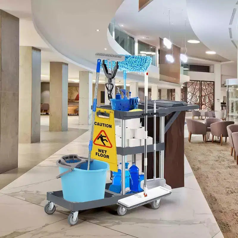 Carrello commerciale per pulizie e faccende domestiche a 3 ripiani con copertura e borsa in vinile per hotel, scuole e aziende
