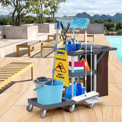 Carrello commerciale per pulizie e faccende domestiche a 3 ripiani con copertura e borsa in vinile per hotel, scuole e aziende