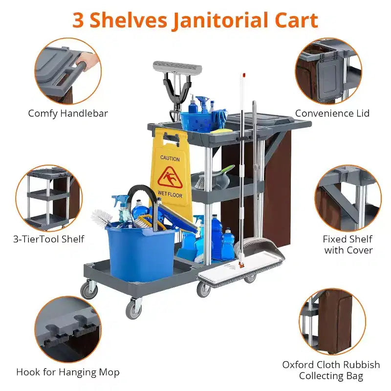 Carrello commerciale per pulizie e faccende domestiche a 3 ripiani con copertura e borsa in vinile per hotel, scuole e aziende