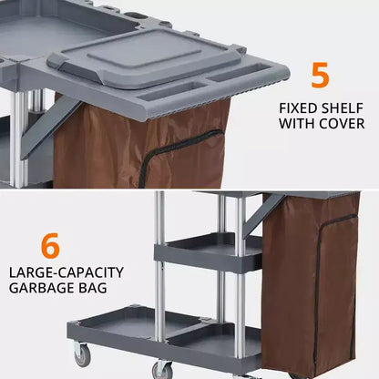 Carrello commerciale per pulizie e faccende domestiche a 3 ripiani con copertura e borsa in vinile per hotel, scuole e aziende