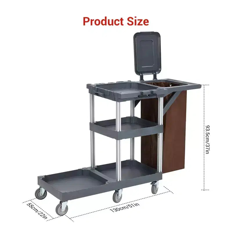 Carrello commerciale per pulizie e faccende domestiche a 3 ripiani con copertura e borsa in vinile per hotel, scuole e aziende
