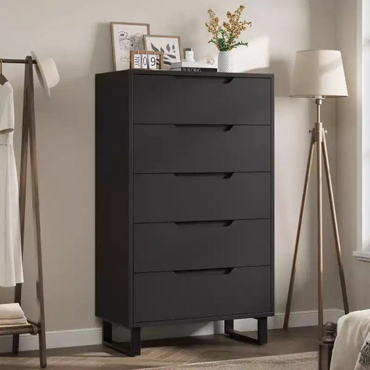 50 Tall 5-Drawer Dresser with Storage, Freestanding Vertical Chest for Bedroom, Living Room, or Entryway  Adjustable Legs, Black Finish