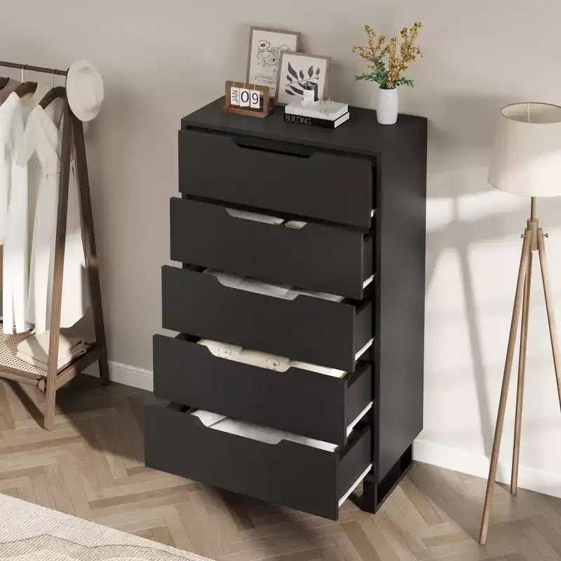 Cassettiera alta 127 cm a 5 cassetti con spazio contenitivo, armadietto verticale indipendente per camera da letto, soggiorno o ingresso, gambe regolabili, finitura nera